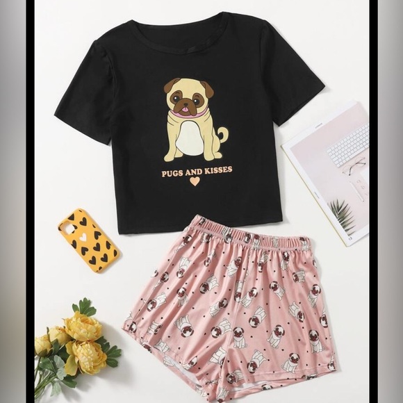 cartoon dog pug pajama set shorts size S - Picture 1 of 5